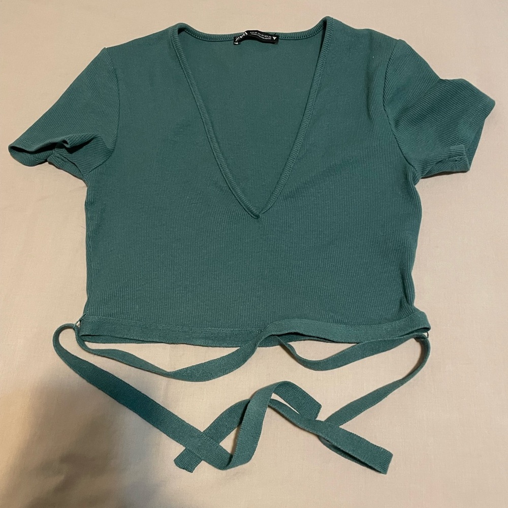 Zara Teal Deep V-Neck Crop Top